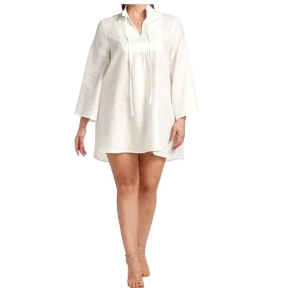 Harshman Dresses & Skirts - Harshman Aras White Linen Tunic Dress Ruffled Split-Neck Collar Bell Sleeves 1X